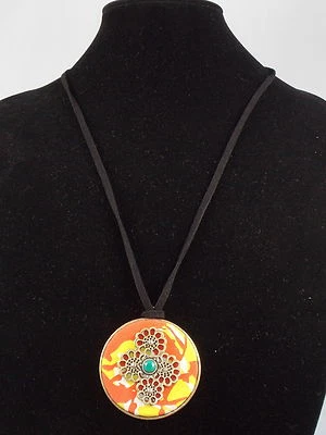 Lucky Brand Black Suede Orange Yellow Medallion Cross Pendant Necklace JLRU3116 - Image 1 of 4
