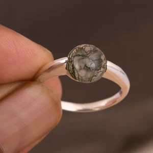 Sterling Silver Half Circle Gemstone Moss Agate Ring Women's Birthday Jewelry - Picture 1 of 11