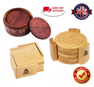 Drink Coaster 6 Set Natural Bamboo Design Round & Square Tea Coffee Cup Mat UK - Picture 1 of 32