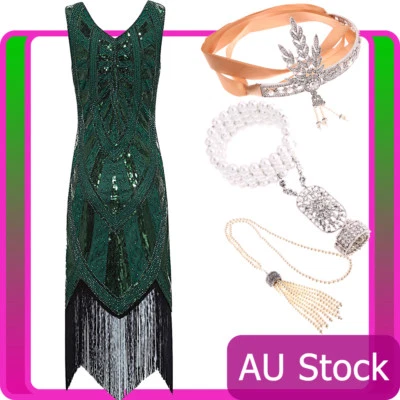 Damas 20s 1920s Roaring Flapper Disfraz Lentejuelas Verde Gatsby Años 20 Vestido Elegante Foto 1 de 4