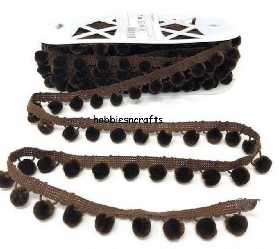 SIMPLICITY BROWN POM POM TRIM 1 METRE Luxury Velvet Feel 1.5 cm balls 3cm drop - Image 1 of 1