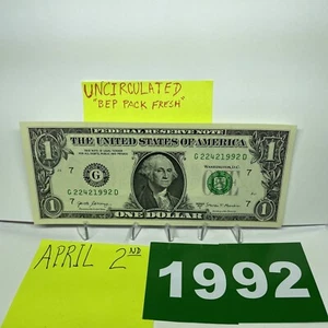 One Dollar Bill Birthday Note April 2 1992. Uncirculated. Fancy Serial Number - Picture 1 of 9