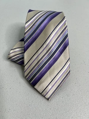 Geoffrey Beene Gray with Blue, Purple and White Striped 100% Silk Designer Tie - Image 1 of 4