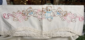 Vintage Hand Embroidered Teddy Bears Pillow Case Cotton Blend - Picture 1 of 6