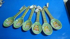 6 Owl colorful pattern soup spoons hand painted stoneware 5.25" L - Bild 1 von 3