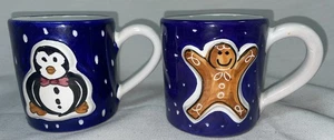 Starbucks Raised Gingerbread Man-Penguin Deruta Italy Hand-Painted Holiday Mugs - Picture 1 of 9