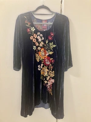 Vestido túnica largo bordado floral terciopelo azul Johnny Was talla S Foto 1 de 4