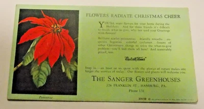Vintage Sanger Greenhouses Hamburg, Pa. Ink Blotter - Poinsettia - Image 1 of 3