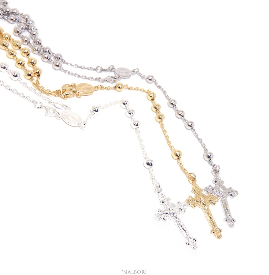 collana rosario argento 925 palline grandi 5mm madonna miracolosa 67cm oro croce - Immagine 1 di 3