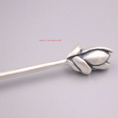 Horquilla de plata fina maciza 999 cultura oriental preciosa horquilla rosa 6,1 pulgadas L Foto 1 de 4