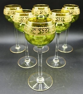 French Baccarat Crystal Fluer de Lis Green & Gold Encrusted Wine Glasses Set 6 - Picture 1 of 14