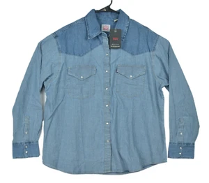 LEVIS Women's Size XL The Western Shirt Denim Oversized Fit Pearl Snap Blue - Picture 1 of 12