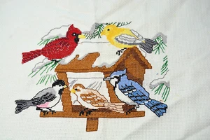 BIRDS at Bird Feeder cross stitched  Embroidery Finished  16x11 - Picture 1 of 3
