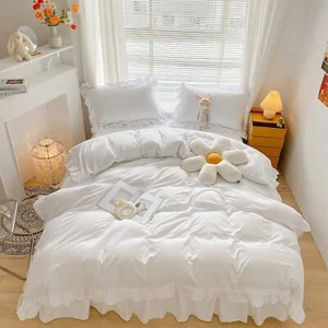 MOOWOO Ruffle Lace Duvet Cover Set White Bedding 2PC Twin Zipper Closure - Picture 1 of 9