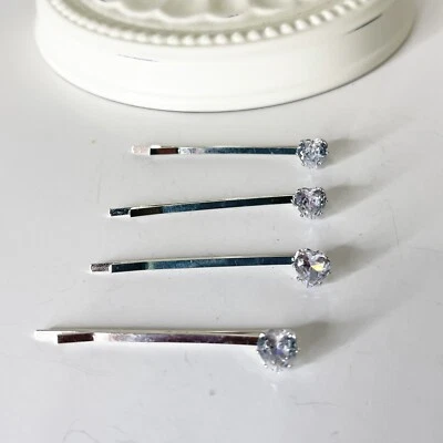 Vintage Y2K Rhinestone Heart Silver Bobby Pins 90s Fashion Glam Sparkle Coquette - Image 1 of 4