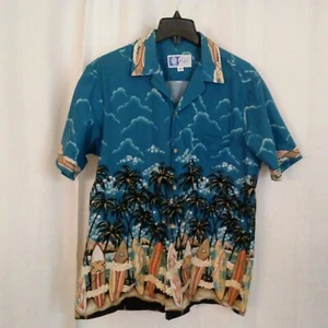 RJC HAWAIIAN Shirt Surfboards Palm Trees Mens Med Made in USA Blue Sky - Imagen 1 de 12