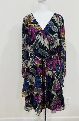 Tahari Arthur S Levine Size 16 Black Multicolor Floral Tiered Dress Long Sleeves - Image 1 of 4