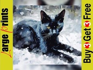 Adorable Sitting Black Cat Painting Print - Whimsical Feline Art, Various Sizes - Picture 1 of 8
