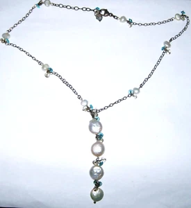 Vintage Solid Sterling Silver Signed Carolee White Coin Pearl + Gems Necklace - Picture 1 of 8