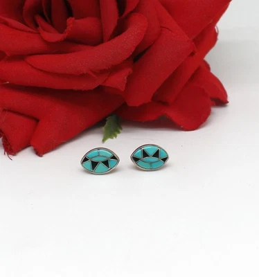 Pendientes perforados de plata esterlina turquesa y ónix 2,32 g gato RESCATE Foto 1 de 2