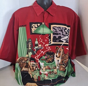Vintage Dragonfly Clothing Camp Shirt Mens 2X Red Dogs Playing Poker Bowling - Picture 1 of 11