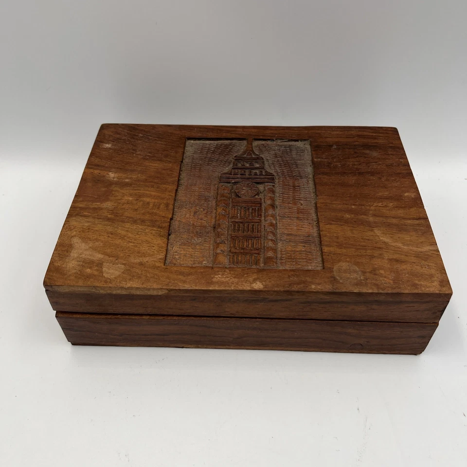 Vtg Wood Carved Tea Caddy Big Ben Of London Utensils Spoon Strainer Hinged Box - Image 1 of 4