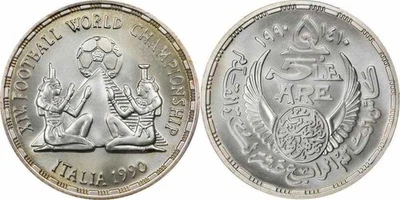 1990 Egypt 5 Pounds Silver Coin 14th Soccer World Championship Italy PCGS MS 68 - Image 1 of 4