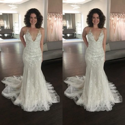 Sexy Mermaid Wedding Dresses Deep V Neck Lace Appliques Sweep Train Bridal Gowns - Image 1 of 4