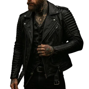Chaqueta de cuero real para hombre Café Racer Biker color negro - Chaqueta de cuero genuino - Imagen 1 de 5