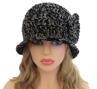 CLOCHE BUCKET HAT CHEMO CAP BRIM BLACK GRAY MIX  HANDMADE CROCHET ACRYLIC FLOWER - Image 1 of 4