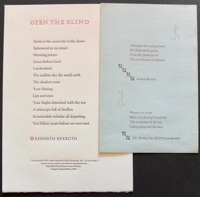 Kenneth Rexroth 1997 Ltd. Ed Broadside Open The Blind & 1979 Morning Star Poems - Image 1 of 4