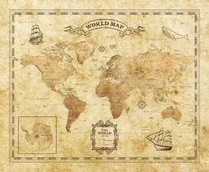World Map Wall Art Travel Map Print with Compass Rose for Classroom Home Office - Picture 1 of 8