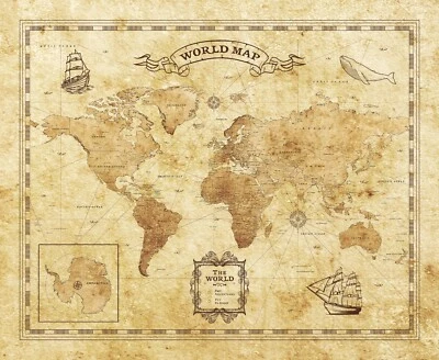 World Map Wall Art Travel Map Print with Compass Rose for Classroom Home Office - Image 1 of 4