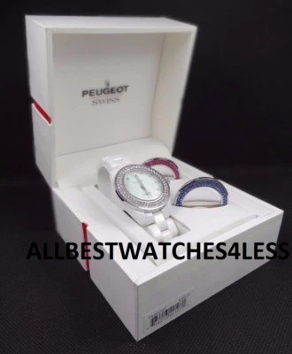Reloj Peugeot PS4910WT Mujer Blanco Cerámica Bisel Intercambiable Set $395 Foto 1 de 4