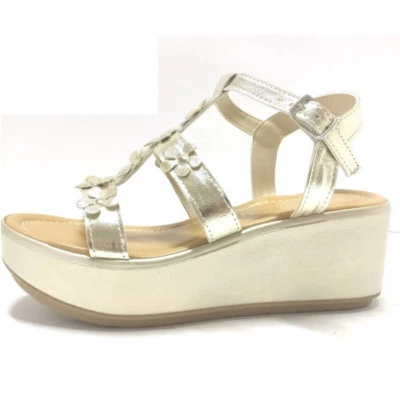 Sandalo Donna Zeppa 70 Plateau Vera Pelle Made In Italy oro argento Fibbietta - Immagine 1 di 4