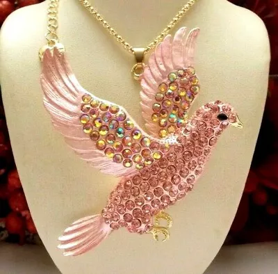 BETSEY JOHNSON LOVELY LARGE PINK RHINESTONE FLYING EAGLE PENDANT NECKLACE  - Image 1 of 4
