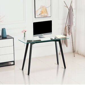Ivinta Computer Desk with Glass Tabletop, Small Console Table with Wood Legs