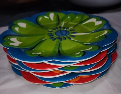 Набор из 8 меламиновых синих лаймовых красных желтых цветочных салатных обеденных десертных тарелок Pier 1 8+ дюймов - Изображение 1 из 4