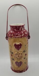 Patchwork Spongeware Red Pottery Hearts Vase With Metal Handle Russ Berrie 8" 