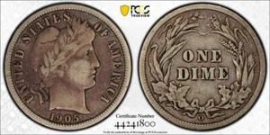Moneda de diez centavos de peluquero tipo micro "o" Choice VF 1905-o graduación profesional VF25.  #33 - Imagen 1 de 11