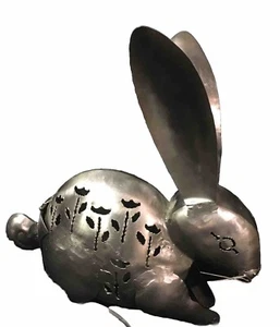 Metal Art Tin Lamp Night Light BUNNY RABBIT Candle Holder 10" Silver - Picture 1 of 9