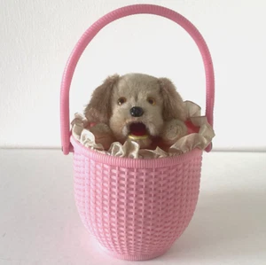 JOUET ANCIEN - AUTOMATE CHIOT PELUCHE MECANIQUE DANS SON PANIER 1960's - Afbeelding 1 van 19