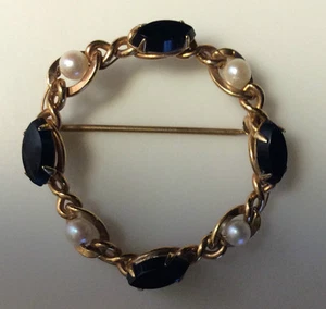 PIN / BROOCH [4]  REAL PEARLS [4]  MARQUISE SHAPED BLACK TOURMALINE12-K GF - Picture 1 of 3