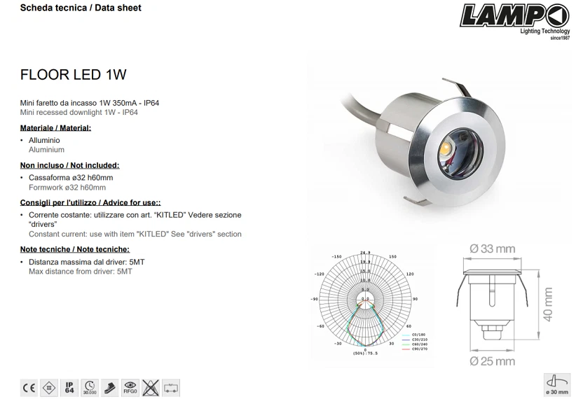 FARETTO LED INCASSO PAVIMENTO SILVER 12V 1W 60° LUCE 6000K LAMPO FLOORLED1W/BF - Immagine 1 di 1