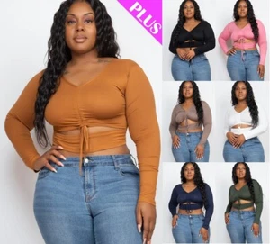 Women Plus Size Drawstring Ruched Cutout Crop Top Long Sleeve Stretch (1X,2X,3X) - Picture 1 of 27