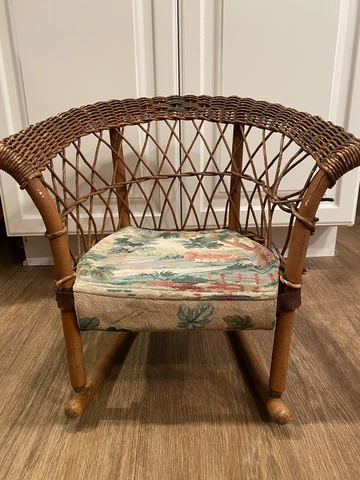 Victorian ￼Child’s Rocking chair Wooden Wicker Rattan Original Fabric Pad VTG Cover