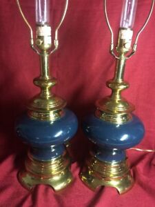 Stunning PAIR 2 Vintage Ethan Allen Gold Brass Blue Asian Ginger Jar Lamps Heavy