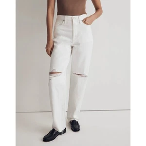 Madewell Baggy Straight Jeans Women's 32 Tile White Raw Hem Distressed Knee - Picture 1 of 11