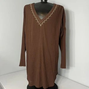 Top tunica Eddie Bauer donna M marrone perline 100% cotone scollo a V boho perline - Foto 1 di 16