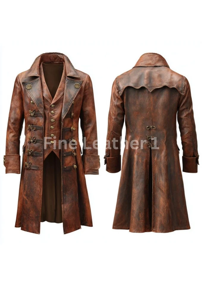 Mens Pirate Halloween Cosplay Style Distressed Real Leather Trench Coat NO VEST - image 1 of 4